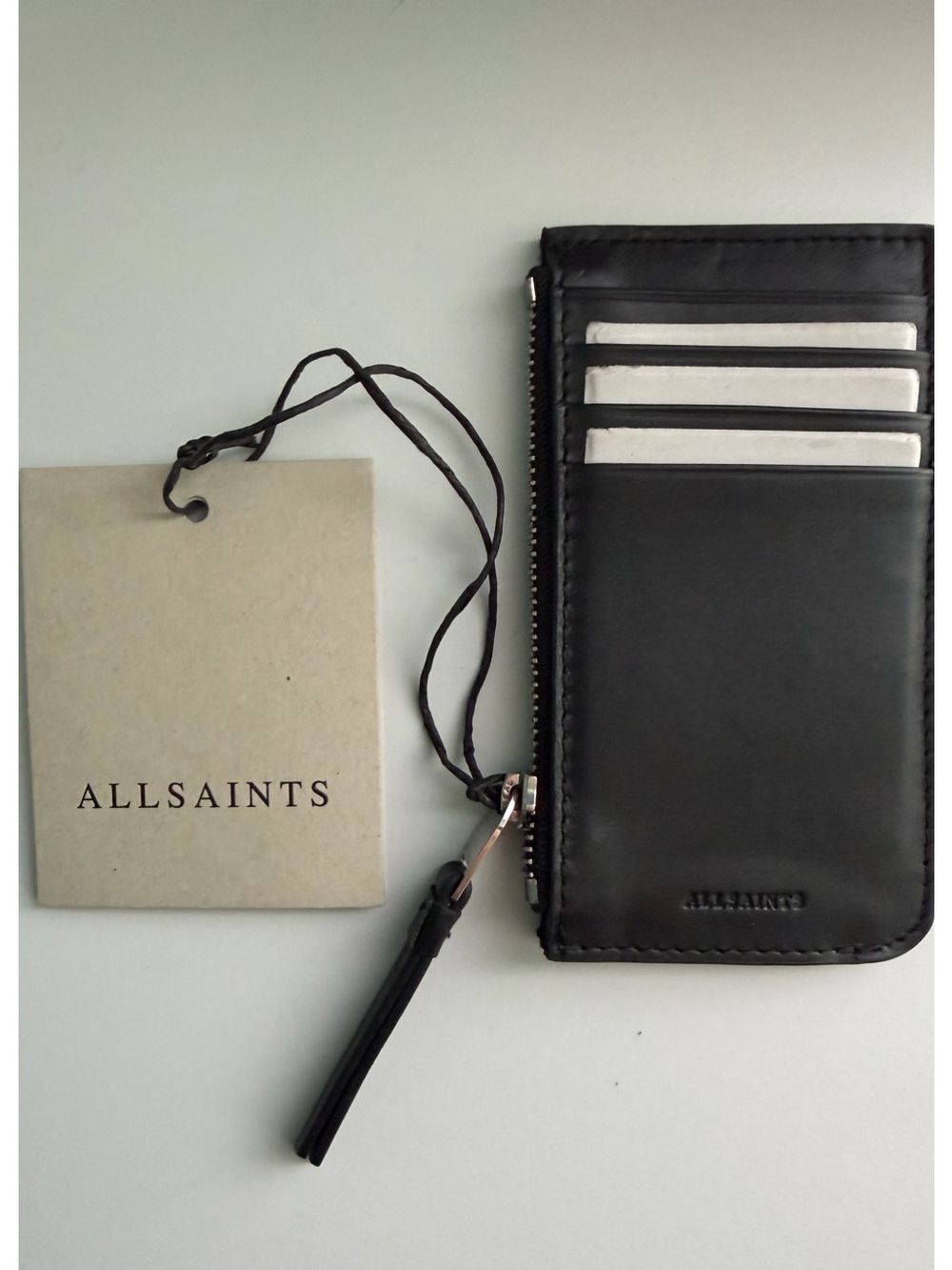 AllSaints Marlborough Black Leather Top Zip Card Wallet